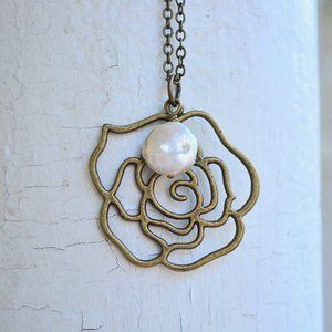 Rose Pearl Handmade Necklace Floral Brass